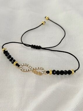 Gold Infinity Crystal Bracelet Adjustable Black Bead Handmade Bracelet